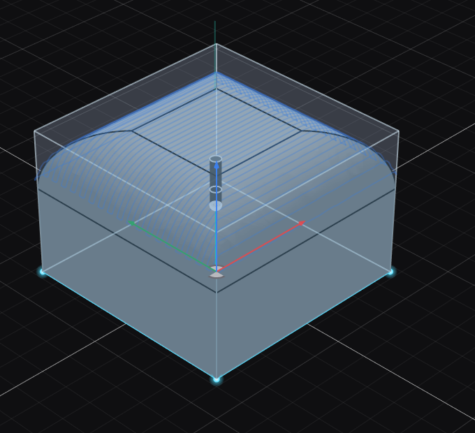 Parallel over a filleted block — straight sweeps, evenly spaced on the flat crown, stretched apart down the steep shoulders