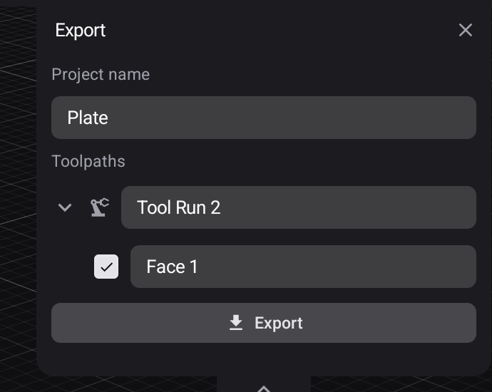 The Export panel — project name, the toolpaths going in, and Export