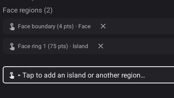 Two collected regions — the face boundary, and the bore automatically classified as an island