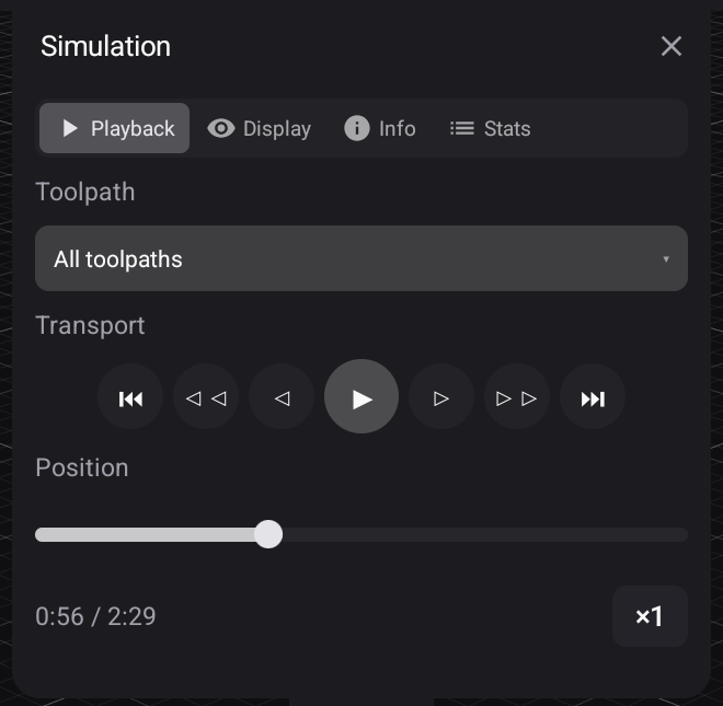 The Simulation panel's Playback page — scope, transport, position and rate