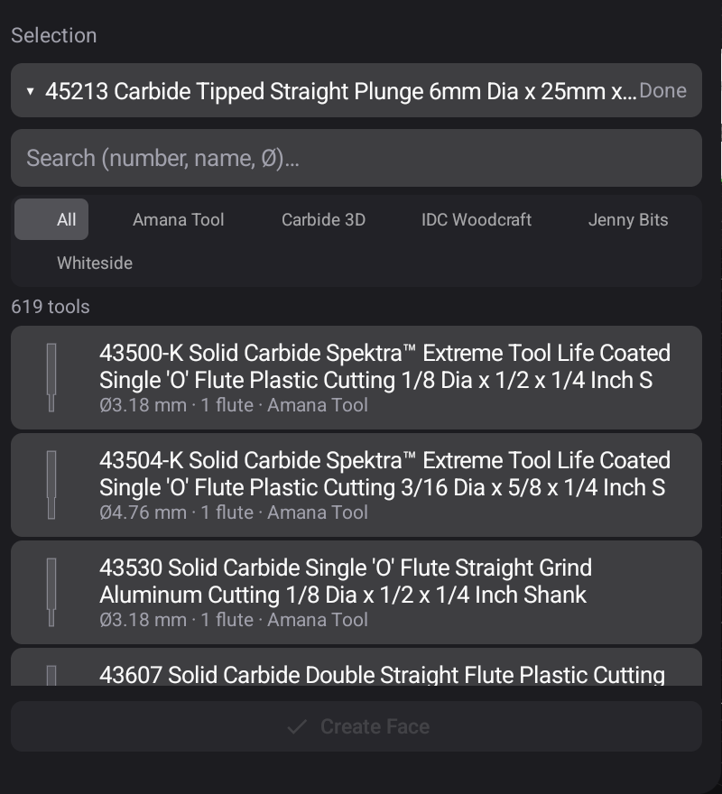 The tool picker inside an operation — search, vendor filters, and the catalog