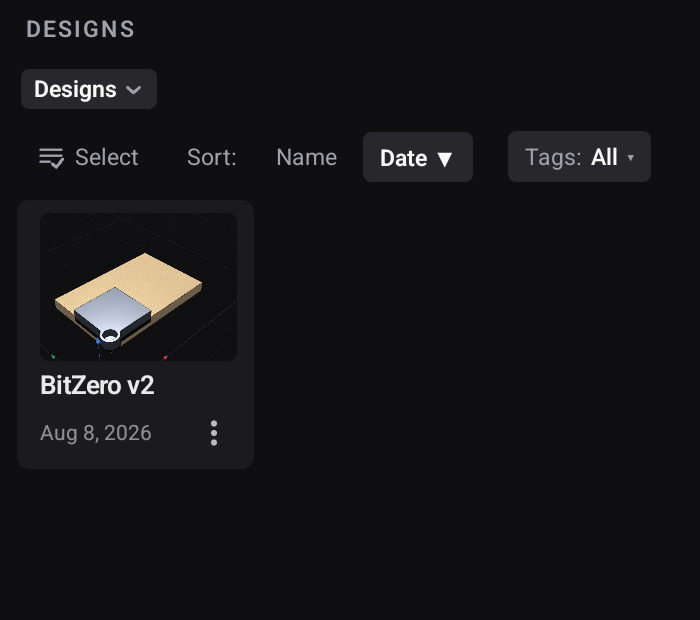 The Designs panel — folder, sort and tag controls above a grid of design tiles