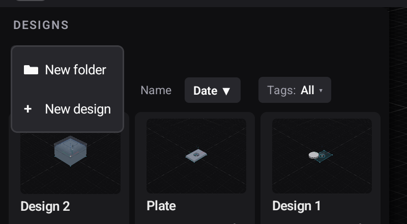 The current crumb's menu — New folder and New design, created right where you are