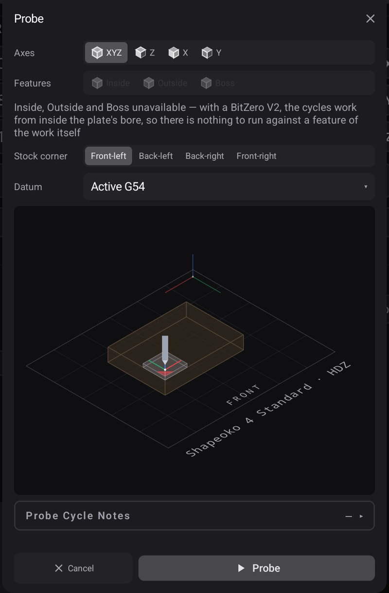 The Probe panel — axes, features the plate cannot do greyed out with the reason spelled out, the corner question, and the cycle preview