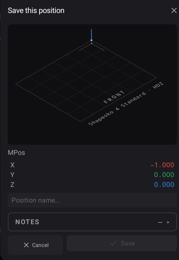 The Save Position panel, showing the machine coordinates about to be stored