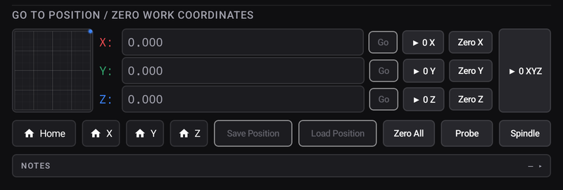 The zero row on the Jog screen — Zero X, Y and Z per axis, Zero All, and Probe beside them