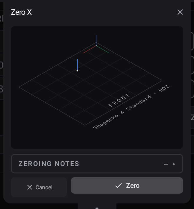 Tapping Zero X opens the offer — the plan drawing of your machine, with Zero or Cancel beneath