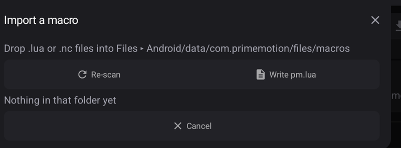 The Import panel — the folder it watches, Re-scan, and Write pm.lua