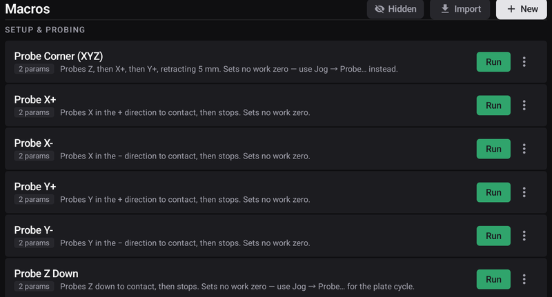The probing macros — the same cycles, one tap each, from the Macros tab