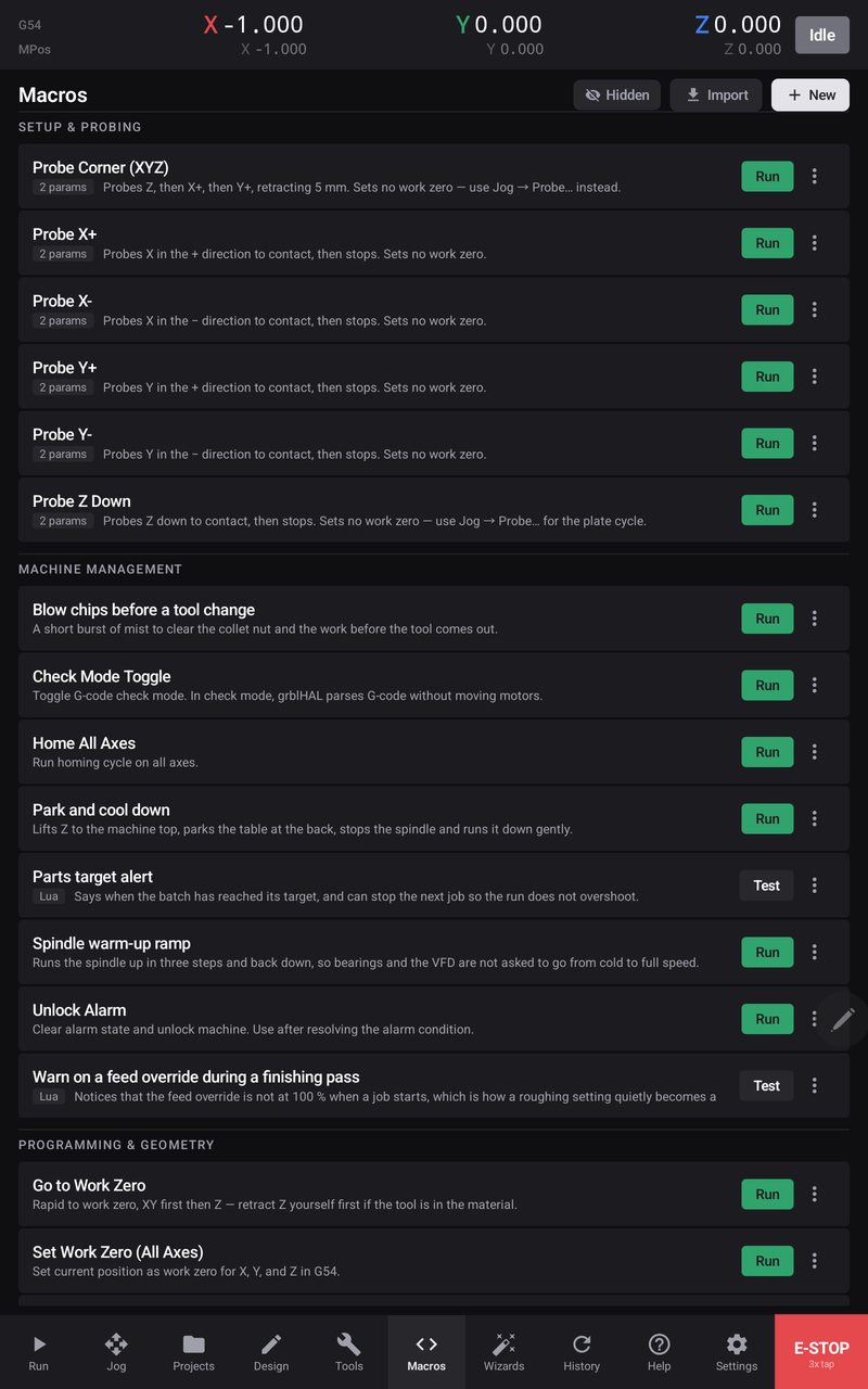 The Macros screen