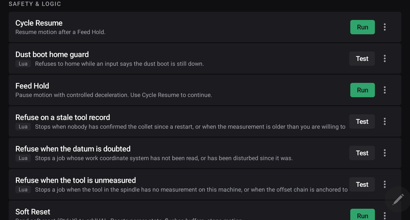 Macros and scripts side by side — the Lua badge and a Test button mark a script; a macro gets Run