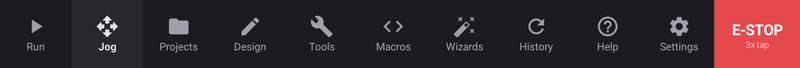 The tab row across the bottom of every screen, with E-STOP fixed at the far right