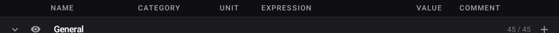Name, category, unit, expression, value, comment