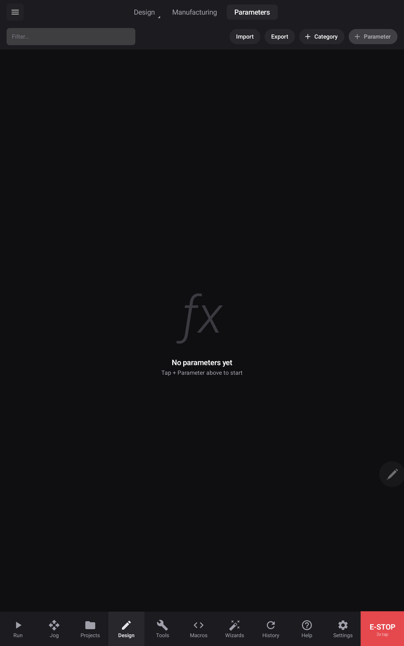 The Parameters workspace on a design that has none yet