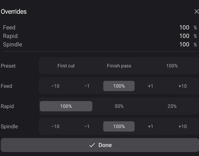 The Overrides drawer mid-job — live percentages, presets, and the per-row steppers