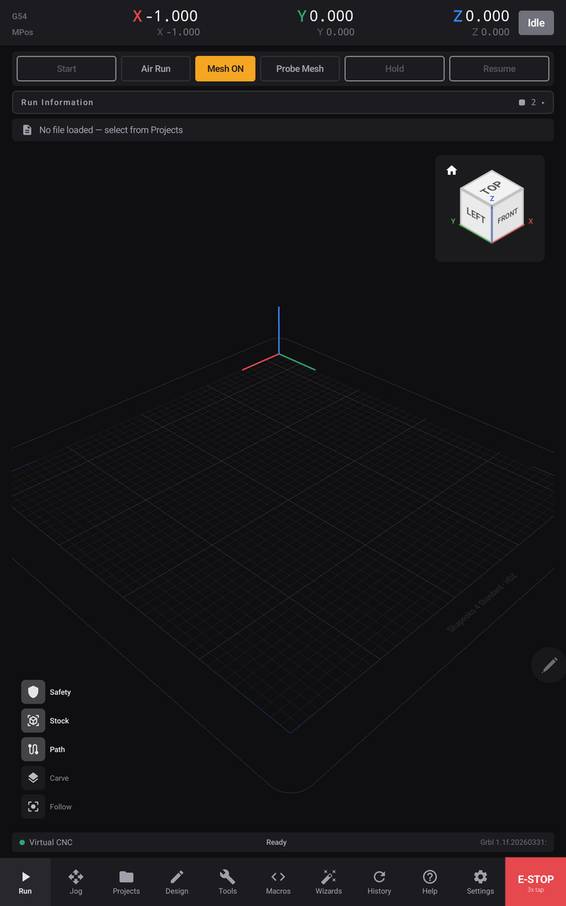 The Run screen with no program loaded