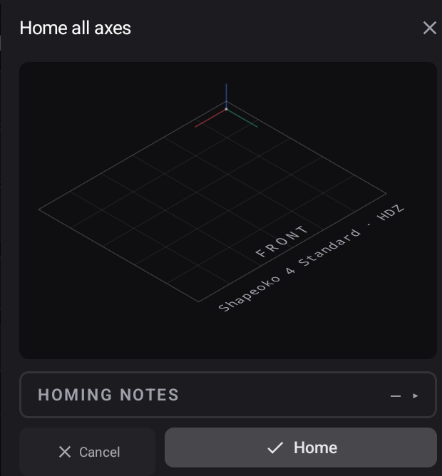 The Home all axes confirmation, showing the machine and its origin
