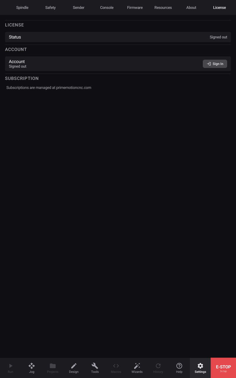The License tab, signed out