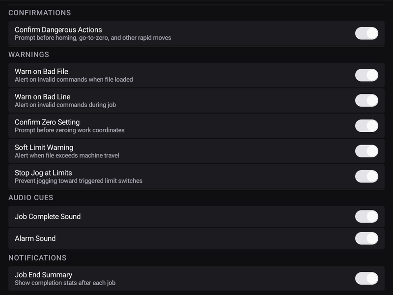 Settings → Safety — confirmations, warnings, audio cues and notifications, each its own switch