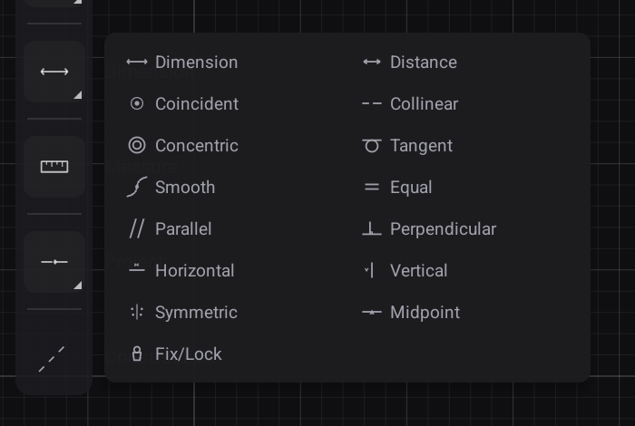 The constraint family on the sketch rail — long-press Dimension and every statement is there